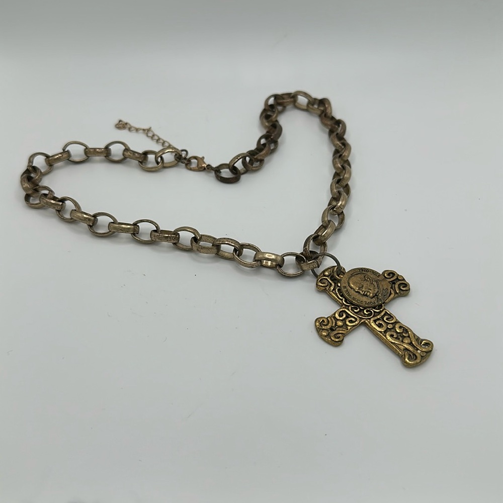 Boho brass chain with cross and pope John Paul ll medallion necklace - Picture 1 of 4